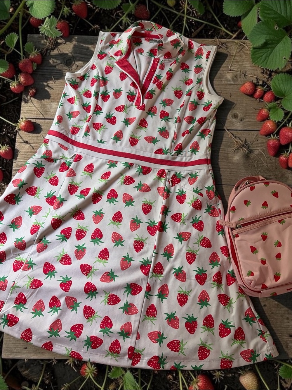 Women’s Golf Tech Mini Dress - Strawberry Print Red on White UPF